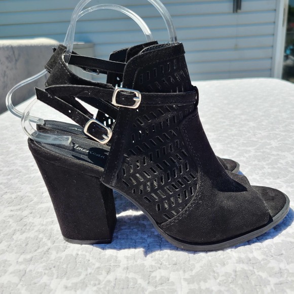 American Eagle Weldon Caged Block Heel Sandal Shoes Black Suede Size 6.5 - Picture 5 of 12